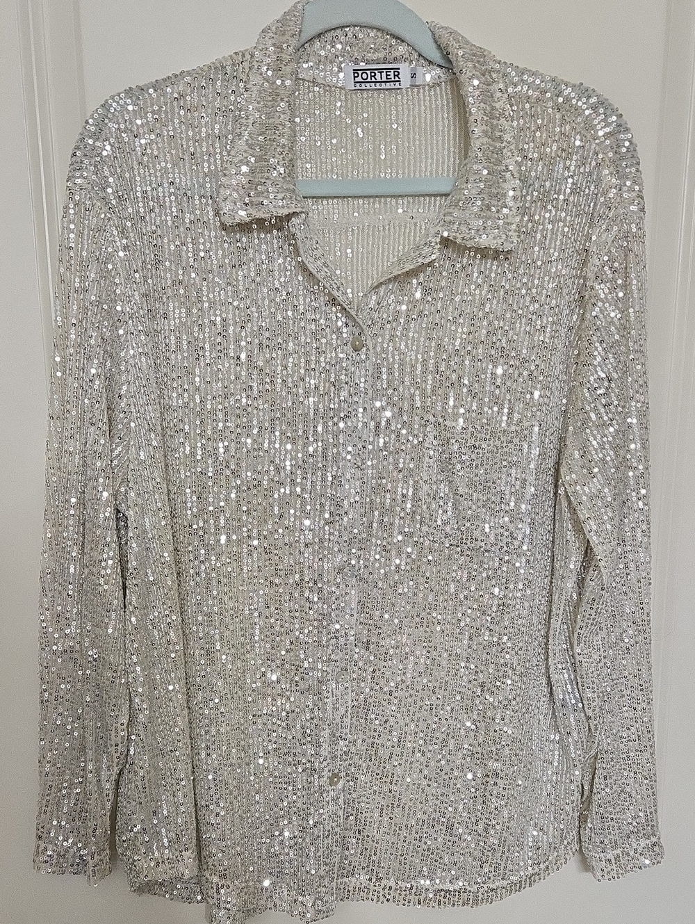Porter Sequin Button-Up Shirt in Sparkling Silver